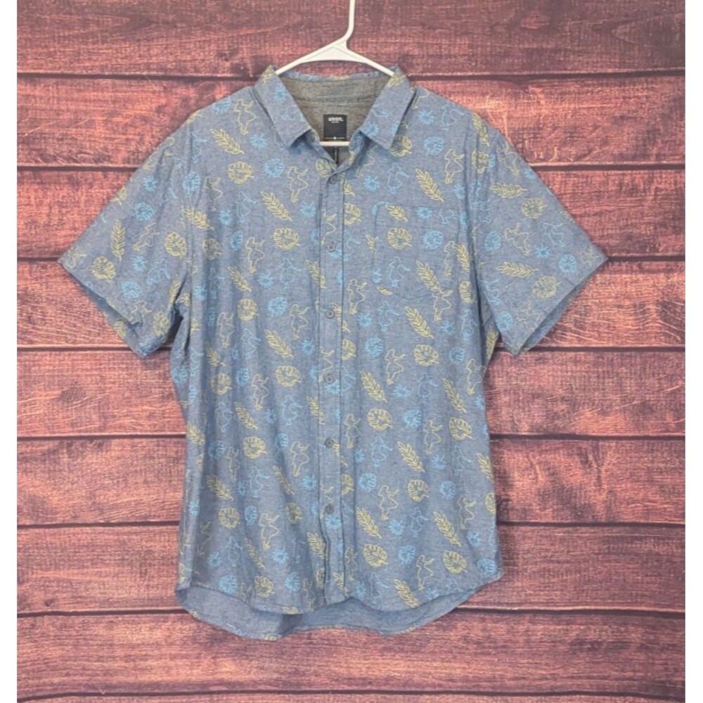 Union Bay Shirt Mens Chambray‎ Blue Tropical Over Print Cotton Short Sleeve